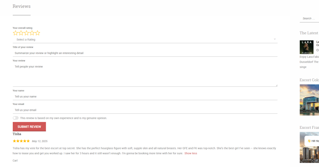 Escort reviews page